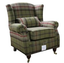 High Back Wing Chair In Tartan Fabric Green Balmoral Hunter Handmade Stock New