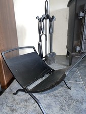 Black Metal Companion & Log  Basket Fireside Set Tools Tongs Poker Brush Shovel