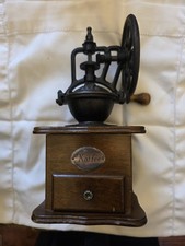 Antique Cast Iron Hand-Crank Coffee Grinder with Wooden Base