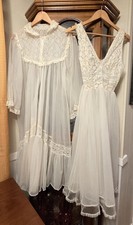 Vtg Evette 1960s Sheer Peignoir White Bridal Robe Nightgown Set Laced Trim Sz 34