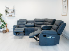 Model S Recliner Corner Sofa Grey Chenille Fabric + Dropdown Table & Cupholders