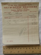 1926 invoice Burgess Brothers, Weaverham - black & tan wool, Fletcher, Waterloo