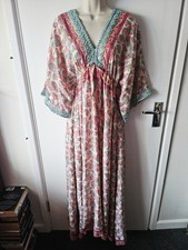 Malkaa Embroidered Pink Multi Turquoise Artificial Silk Maxi Dress Kaftan S