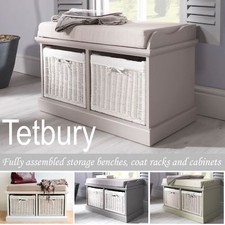 Tetbury Bench with 2 White Baskets. Hallway storage bench with cushion.4 colours