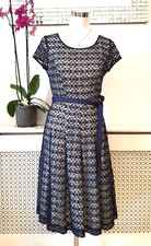 Betty Jackson Navy Debenhams Shabby Chic Guipure Lace Skater Occasion Dress Sz 8