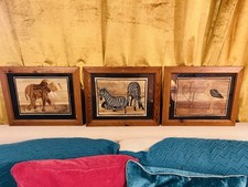 Beautiful Vintage African Banana Leaf Elephant Zebra Flamingo X3 Picture Framed