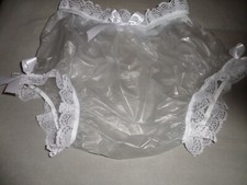 ABDL WHITE SHEER PLASTIC NAPPY PANTS WHITE LACE TRIM SATIN BOWS M/L