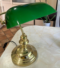 Vintage Brass Large  Bankers Desk Lamp  Green Glass Shade   14"x 10" (SH)