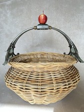 Very Rare Extra large Vintage bamboo Wicker basket handle metal and glass decor