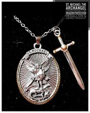 St. Michael The Archangel Medallion+Sword+2 Chains & cloth +bag + Prayer Guide