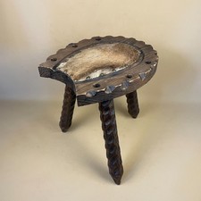 Vintage Spanish Milking Stool Cow Hide Leather Top Wooden Brutalist Dark Wood