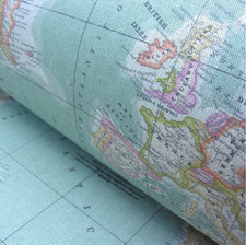 WORLD MAP 2 Globe Atlas Furnishing Fabric Cotton Material 280cm wide SKY BLUE