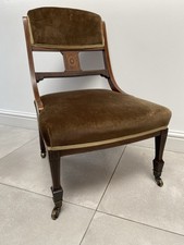 Antique Victorian Edwardian mahogany inlaid nursing chair w/ castors