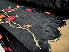 Taffeta Faux Silk Fabric, Per Metre- Embroidered Blossom Border Appliqué - Black