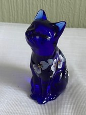 Vintage Fenton Art Glass Cat Blue 2000 Signed (95th Anniversary Sticker) USA