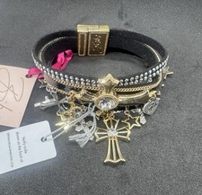 New Bibi Bijoux Leather Bracelet with Swarovski Crystals Crosses & Stars
