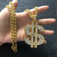 Large Hip Hop Dollar Necklace - Dollar Sign CZ Gemstones Rapper Bling 24" Chain