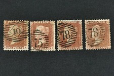 Penny Red star x 4. London cancellations 10, 75, 78, 78. Letters ME, JB, KH, KD.