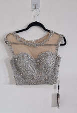 Pia Michi beaded crop top size 42 silver brand new button back sheer panels 