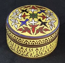 Yellow enamel vintage Art Deco antique small round metal pill box