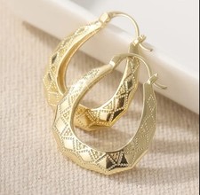 9ct Gold Vintage Engraved Small Oval Hoop Creole Earrings Gold Filled