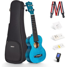 Enya 21" Soprano Ukulele Blue Mahogany Bundle with Case, Tuner, Strap & Picks