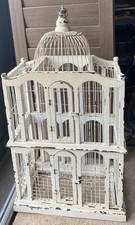 A Large Antique French Distressed White Wooden Painted Architectural Bird Cage