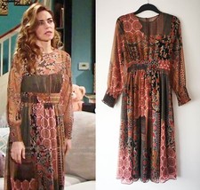 Zara Red Black Oriental Paisley Print Chiffon Midi Long Sleeve Dress size S 8 10