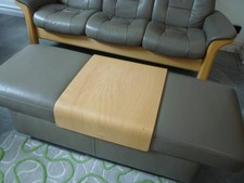 EKORNES STRESSLESS DOUBLE OTTOMAN WITH TABLE TOP TAUPE LEATHER & WOOD