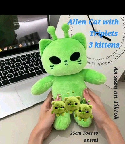 Green alien cat teddy toy - green,