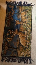 Antique Vintage Deer Scene Tassle Tapestry Rug- Blue/ brown/ green- 120cm x 55cm