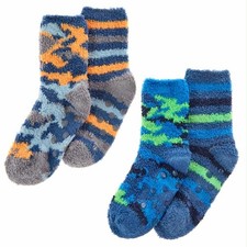 NEW BOYS GREY/BLUE STRIPE GRIPPER FLUFFY COSY SOCKS 2 PAIRS 6-8-9-12-3 SHOE SIZE