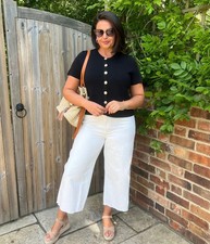 Ex M*S Cardigan Women Black Knit Cotton Blend Gold Button Short Sleeve Classic