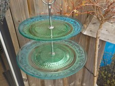 Vintage retro Large Patterned Glass 2 Tier Cake Stand afternoon Tea Etc (G)