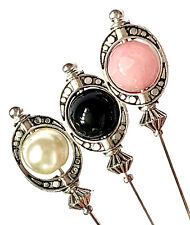 3X Hat Pins Pearl, Onyx & Glass Vintage Style 3 inch Long Hat Pins & Protector**