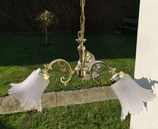Pair of Vintage Brass 3 Arm Chandeliers Ceiling Lights With Glass Shades *VGC*