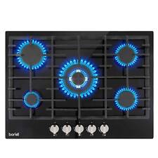 Gas Hob, 70cm, 5 Burner and Cast Iron Pan Supports - Black Gas on Glass - Baridi