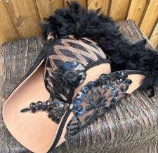 Beige Black Tricorn Pirate Hat Renaissance Feathers Corset Sequins 57cm (10)