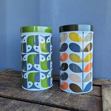 Pair Of Orla Kiely Storage Tins Retro Owl Green Orange Multi Stem Vintage Decor