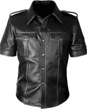Mens Genuine Real Police Leather Uniform Shirt Bluf Gay Military Style Black Siz
