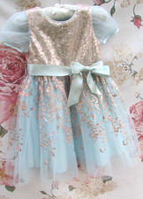 BNWOT MONSOON Blue Gold Tulle Christening Party Occasion Dress 12-18 Month £50