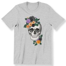 Skull With Flowers Men's Ladies T-shirt Graphic Tee Gothic Skull Lovers Gift Top
