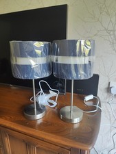Bedside Table Lamp Light Navy Blue Layered Shade With Chrome Base - Pair
