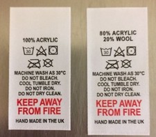 WASH CARE CLOTHING GARMENT LABELS DIFFERENT FIBRE CONTENTS AVAILABLE