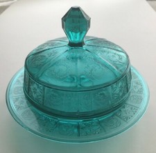 Jeanette Ultramarine 'Doric and Pansy' Butter Dish Depression glass