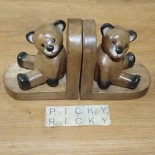 Vintage Teddy Bear Solid Wood Bookends Handmade Hand Carved Wood - 520g Each