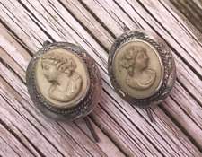 Victorian Silver Lava Cameo Hook Earrings ABLZX