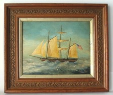 ANTIQUE AMERICAN FOLK ART NAUTICAL OIL PAINTING 3 MASTED SCHOONER  WHALER