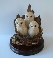 1980s Border Fine Arts AYRES Bird Figurine  -  Owlets in Tree Stump with a Moth 