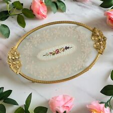 Beautiful petit point filigree lace brass oval vanity tray great vintage conditi
